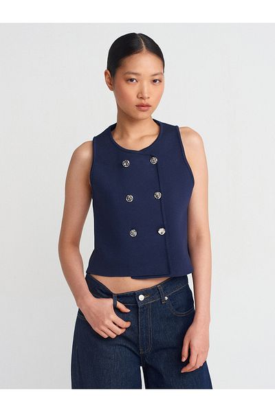 Dilvin 60292 Crew Neck Buttoned Knitwear Vest-Navy