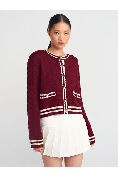 Dilvin 60945 Crew Neck Striped Buttoned Knitwear Cardigan-Claret Red-Ecru