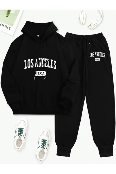 LAND MODA Γυναικείο σετ φόρμας με κουκούλα και στάμπα os Angeles USA