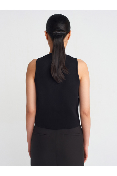 Dilvin 60292 Crew Neck Buttoned Knitwear Vest-Black