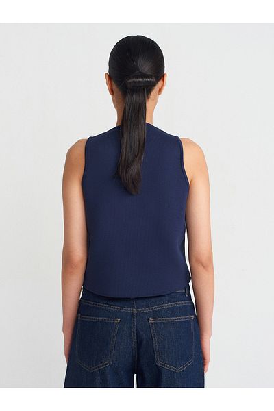 Dilvin 60292 Crew Neck Buttoned Knitwear Vest-Navy