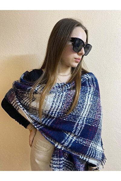 sema aksesuar Winter Plaid Print Navy Blue Ecru Striped Shawl - Wide Scarf, S...