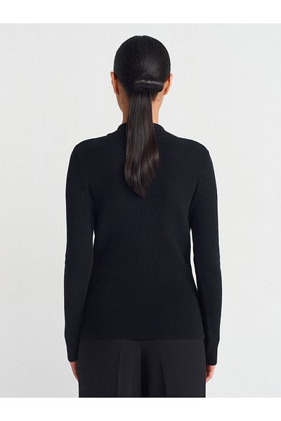 Dilvin 10686 Pulover de tricot cu guler vertical cu închidere cu capse-negru