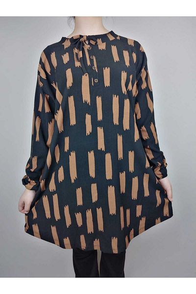 YAŞAR TRİKO Women's Brown Lace-Up Neckline Buttoned Long Sleeve Sleeve Ankle Elastic Ribbed Oval Hem Tunic