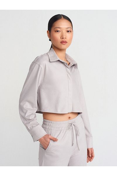Dilvin 50493 Cămașă crop din piele intoarsa drapată-gri