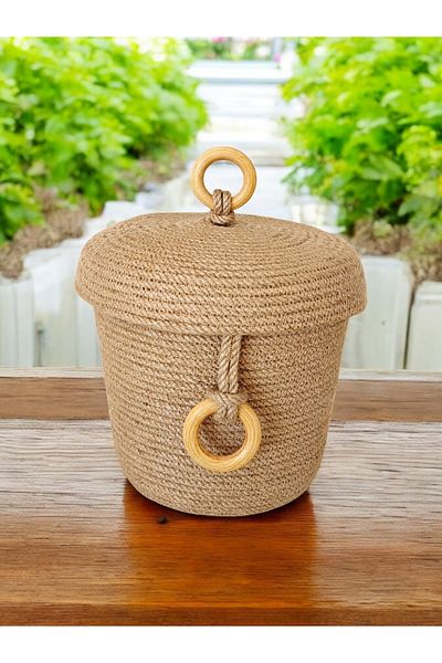 COLLESSİA Wooden Ring Detailed Jute Straw 20x18 Cm Basket Straw Box Decorative Straw Box Jute Rope