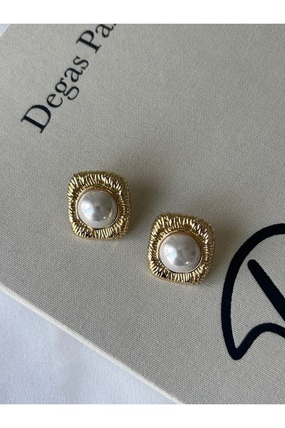 ringbox Gold White Pearl Quadrilateral Earrings