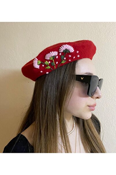 sema aksesuar Handmade Pink Floral Embroidered Red Painter Beret - Design Gift Valentine's Day Gift