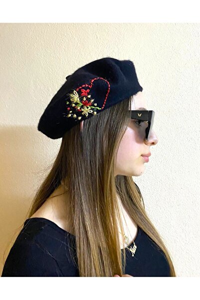 sema aksesuar Sevgililer Günü Hediyesi El Emeği Kırmızı Sarı Kalp Çiçek İşlemeli Siyah Ressam Bere - Tasarım
