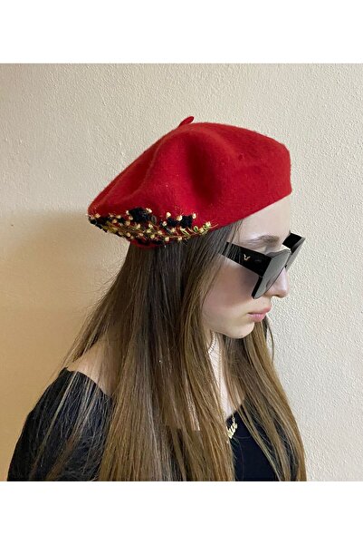 sema aksesuar Valentine's Day Gift Handmade Black Yellow Floral Embroidered Red Painter Beret - Design Gift