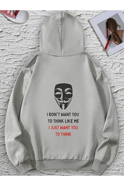 LAND MODA Γκρι φούτερ με κουκούλα με στάμπα στην πλάτη