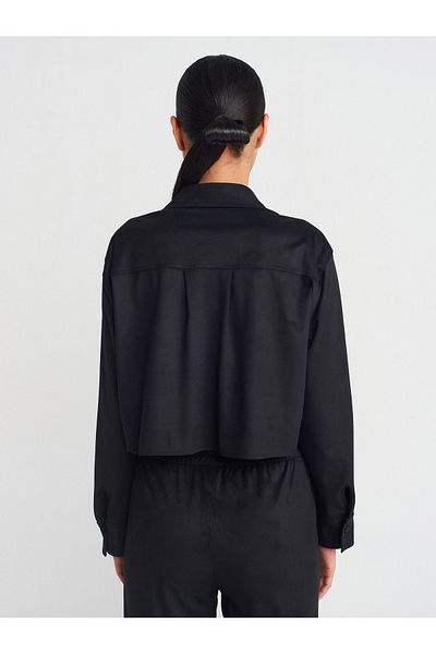 Dilvin 50493 Cămașă crop din piele intoarsa drapată-Negru
