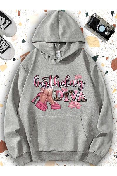 LAND MODA Сив суитшърт с качулка - Суитшърт с щампа отпред