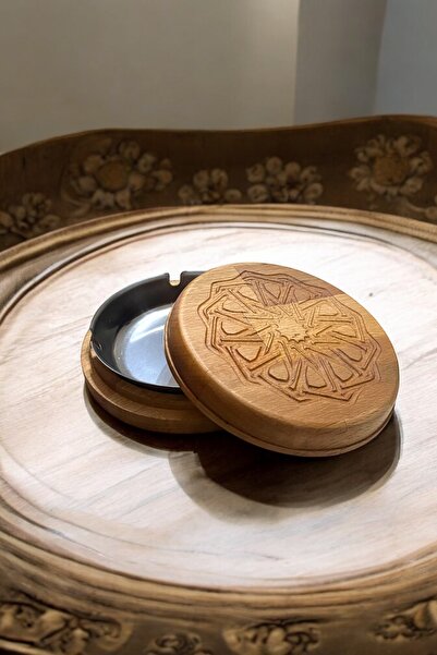 Ayd ahşap Ahşap Motif Oymalı Yuvarlak Kutulu Paslanmaz Çelik Küllük