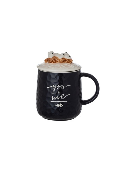 Dania كوب خزفي باللونين الأبيض والأسود، مزين برسومات خروف مع غطاء