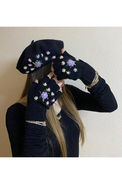 sema aksesuar Zircon Stone Lilac Floral Embroidered Black Painter Beret and Fingerless Gloves Set