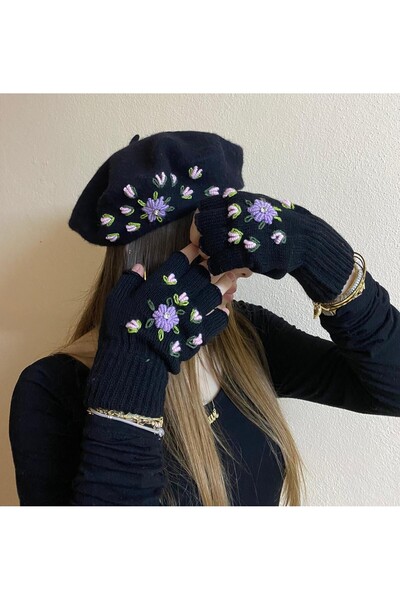 sema aksesuar Zircon Stone Lilac Floral Embroidered Black Painter Beret and Fingerless Gloves Set