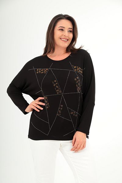 Şans Women's Plus Size Black Stone Print Detailed Bat Sleeve Blouse 65N38421