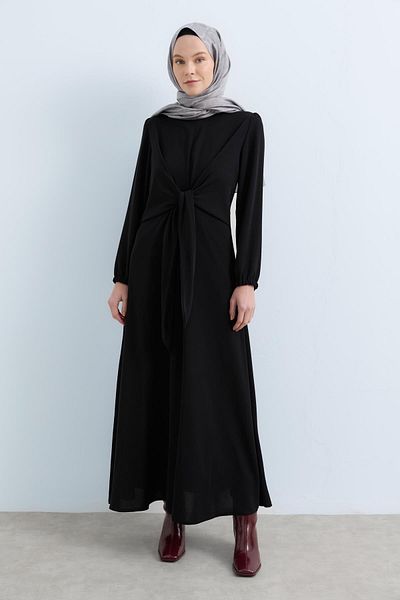 Nihan Stylish Dress with Draped Waist Detail Black