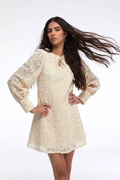 By Mare Style Geometric Pattern Natural Color Pure Cotton Mini Dress