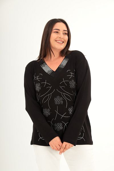 Şans Women's Plus Size Black Collar and Front Stone Print Detailed Blouse 65N38426