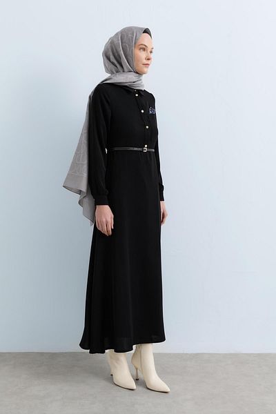 Nihan Shirt Collar Dress - Black with Pocket Handkerchief