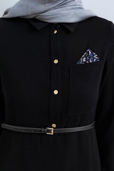 Nihan Shirt Collar Dress - Black with Pocket Handkerchief