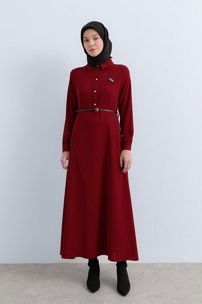 Nihan Burgundy Pocket Hanky ​​A-Neck Dress