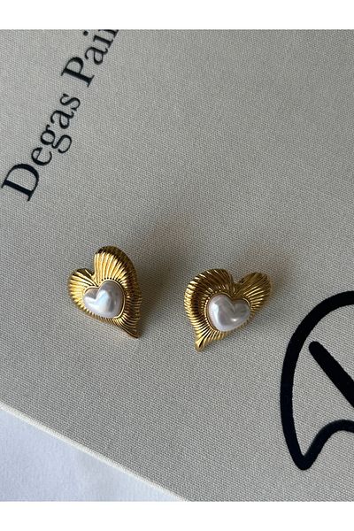 ringbox Steel Tarnish Gold Pearl Heart Earrings