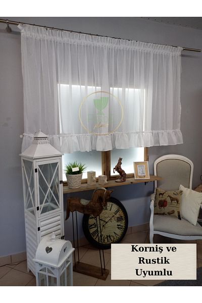 Perdeplus Linen Tulle Curtain with Ruffles / Cornice and Rustic Matching / Honeycomb Tulle Curtain