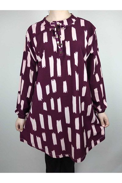 YAŞAR TRİKO Women's Plum Tie-Up Neckline Buttoned Long Sleeve Sleeve Ankle Elastic Ribbed Oval Hem Tunic