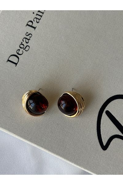 ringbox Gold Round Brown Stone Earrings