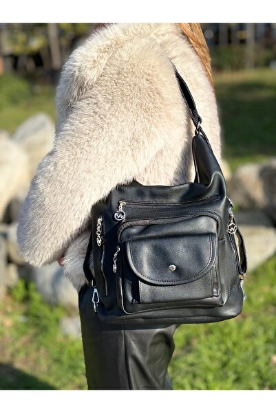 DEV 3 ADAM Geantă de umăr și rucsac pentru femei din piele moale neagră