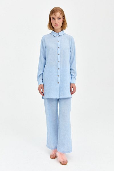 Nihan Light Blue Natural Fabric Trousers Tunic Suit