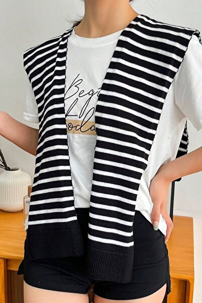 Moibody Tricotaj 100% acrilic din material subțire Şal de umăr pentru birou şi modă casual, fundal negru cu dungi