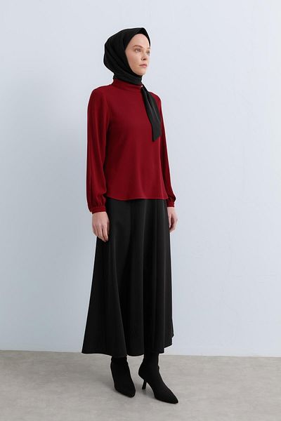 Nihan Collared Scarf-Skirt Blouse Set (Burgundy)