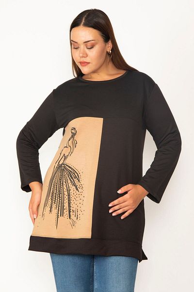 Şans Women's Large Size Camel Print and Stone Detailed Color Combination Sweatshirt 65n28012