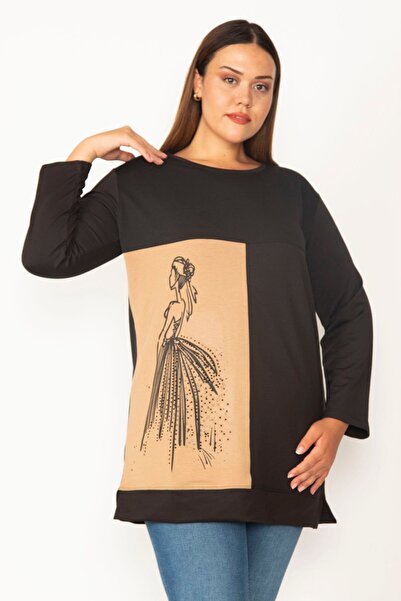 Şans Women's Large Size Camel Print and Stone Detailed Color Combination Sweatshirt 65n28012