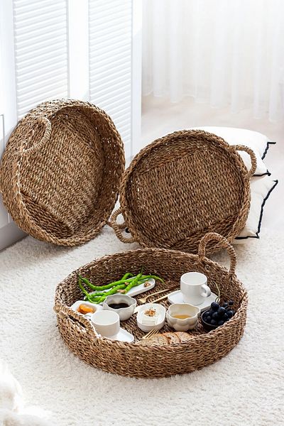 Halımax Bamboo 3-Piece Wicker Tray - Decorative Presentation Tray, Triple Round Jute Wicker Tray with Handles