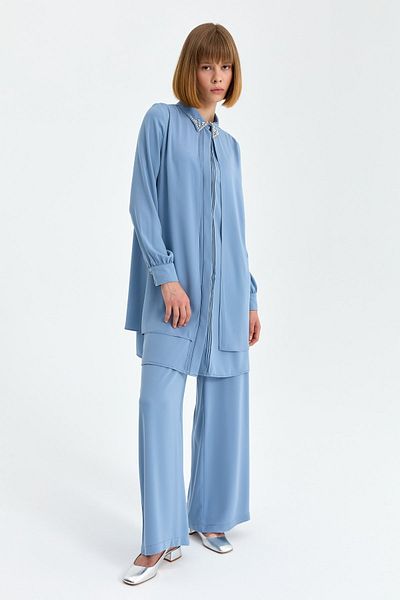 Nihan Blue Ribbed & Stone Detailed Trousers Tunic Set