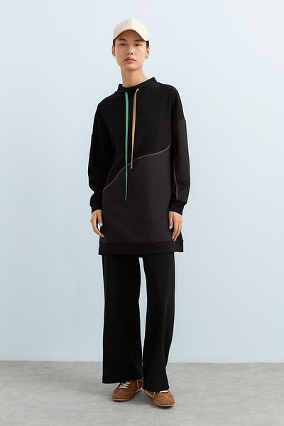 Nihan Black Knitted Trousers with Thin Quilted Garnish - Tunic Set