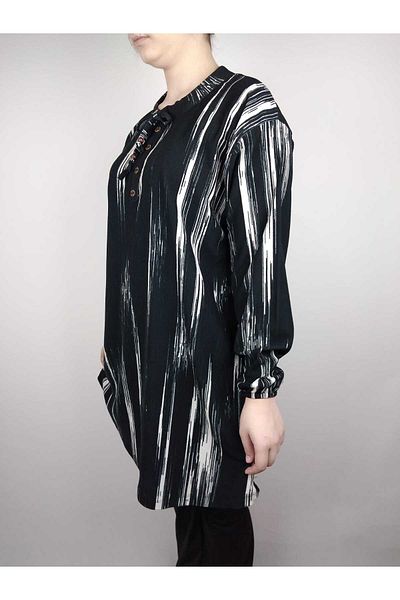 YAŞAR TRİKO Women's Black Lace-Up Neckline Buttoned Long Sleeve Sleeve Ankle Elastic Ribbed Oval Hem Tunic