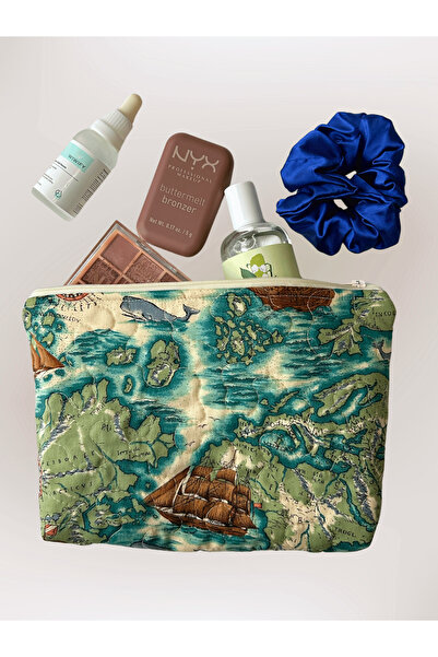 Ays Quilt حقيبة مكياج مصنوعة يدويًا بنمط الخريطة - منظم بسحاب