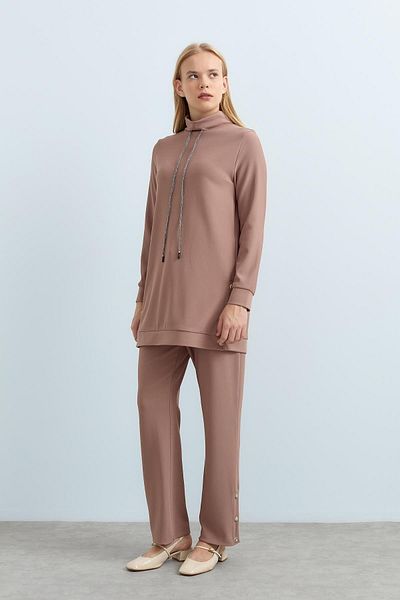 Nihan Pantaloni tricotați cu guler în picioare, cu nasturi cu pietre, costum tunică, nurcă