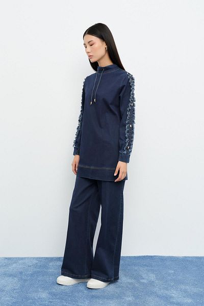 Nihan Denim Trousers Tunic Suit - Indigo Color with Crispy Sleeves