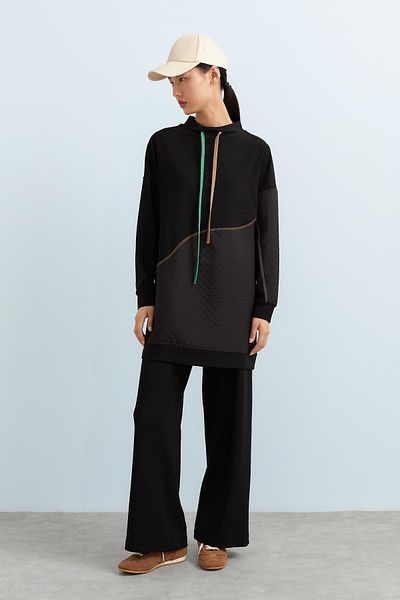 Nihan Black Knitted Trousers with Thin Quilted Garnish - Tunic Set