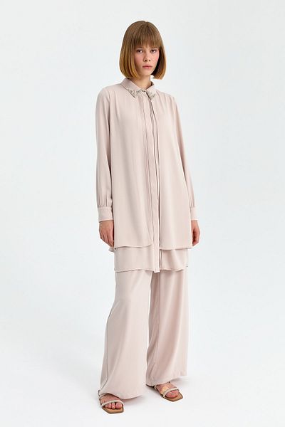 Nihan Trousers Tunic Suit - Ribbed and Stone Detailed