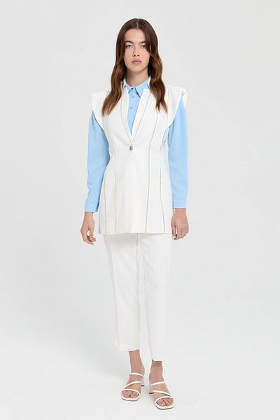 Nihan Stylish Suit Ecru Stone Detailed Vest Trousers