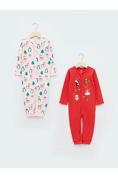 LC Waikiki Lcw Baby Pink V-Neck Long Sleeve Christmas Themed Cotton Baby Girl Romper 2-Piece