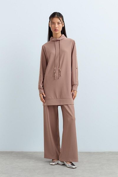 Nihan Mink Colored Knitted Trousers and Tunic Set - Fastening Detail